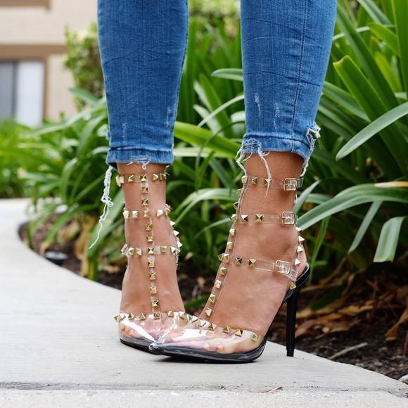 Last Size 8**👠NUDE Clear Straps Studs Heels - Picture 3 of 8